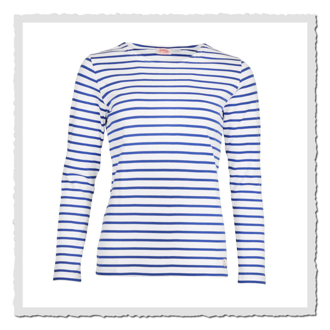 Armor Lux Damen-Matrosenshirt in Weiß und Sternblau mit feinen Streifen und Heritage-Anker, frontal auf hellem Hintergrund fotografiert.